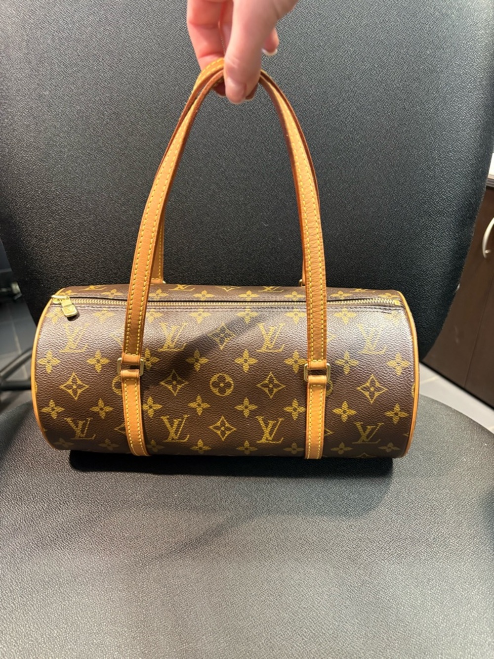 Louis Vuitton Brown Monogram Papillon Shoulder Bag with Tan Trim